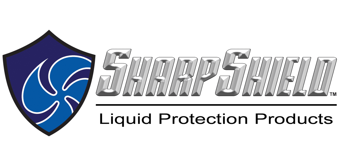 sharpshield warranty logo - chrome SharpShield liquid protection products logo with shield